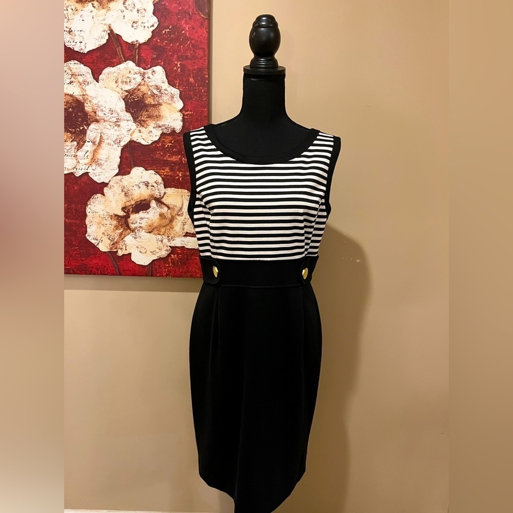60s inspired Tahari Dress, Black & Ecru Striped Bodice with Black Skirt, 14P